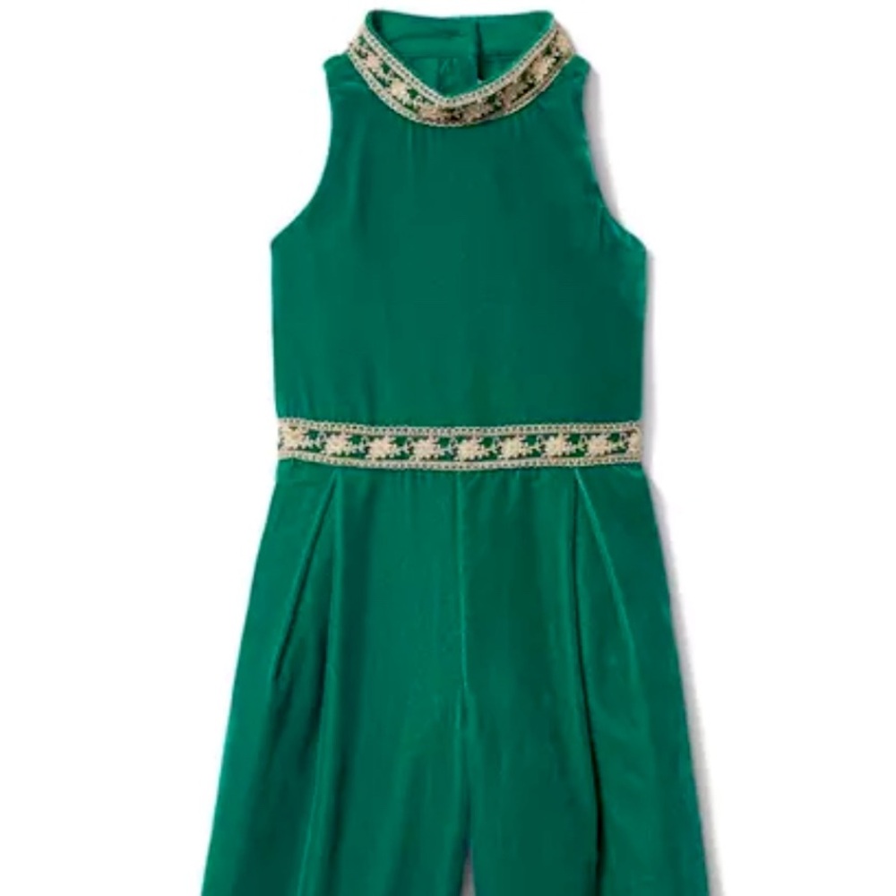 Janie and Jack Enchanted Forest Lush Green Velvet Jumpsuit with Matching Bow